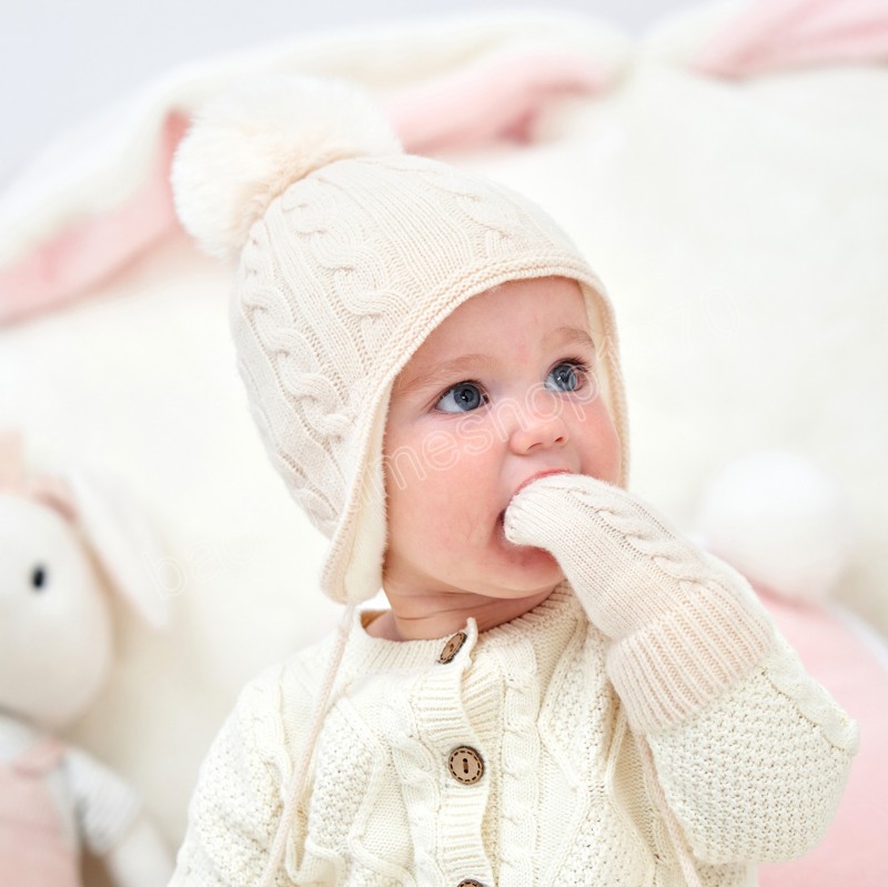 2 unidsgorro para bebé, guantes, Bola de piel, gorro para niños y niñas, gorro con pompón, gorros de punto para niños, gorro para niños pequeños