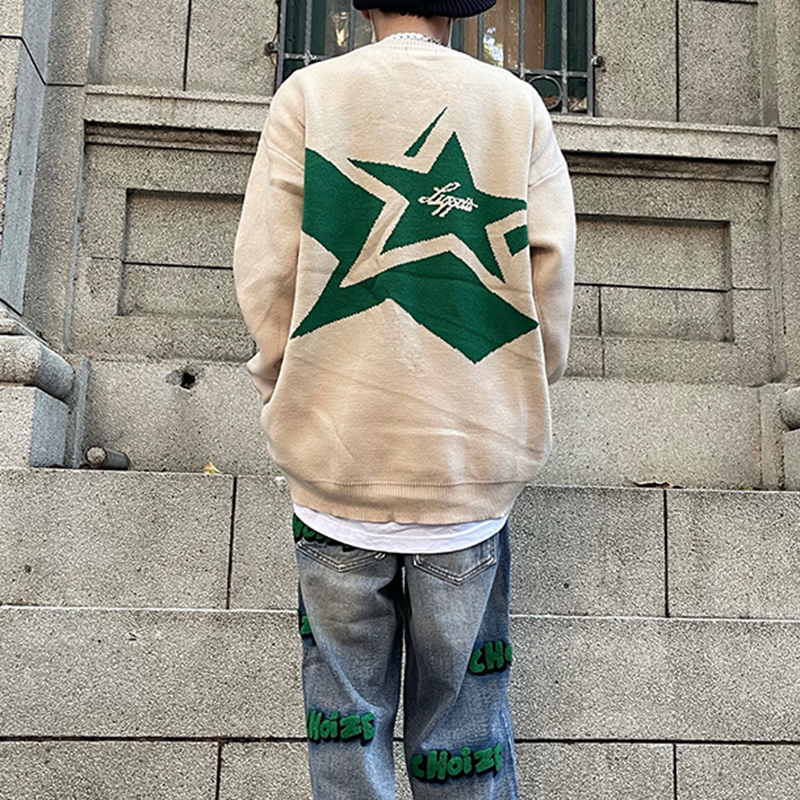 Camisolas masculinos japoneses Retro Alfabeto Estrelas Crew Sweater Men e Women Pullover High Street Geralmente