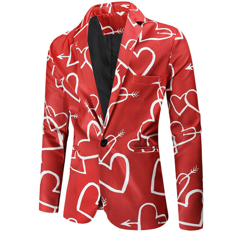 Мужские костюмы Blazers Blazers Valentine's Gift Fashion Party Pail Casual Slim Fit Blazer Кнопки 3D Heart Print Print