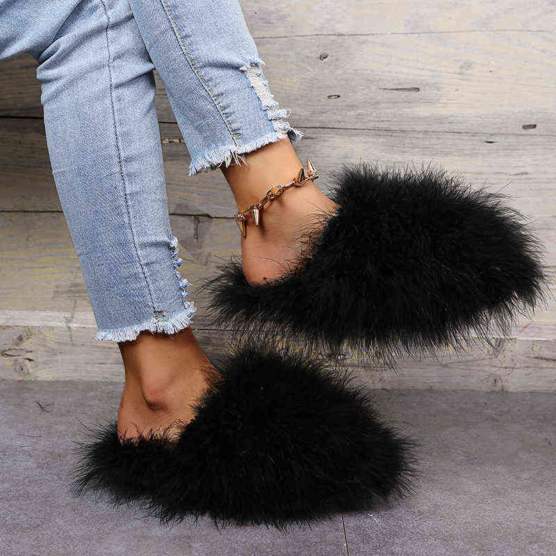 Slippers Nieuwe Faux Vossenbont Slippers Dames Harige Warme Slippers Volledig Wasbeerbont Slippers Platte Comfortabele Huisschoenen Plus Size Paar T220922