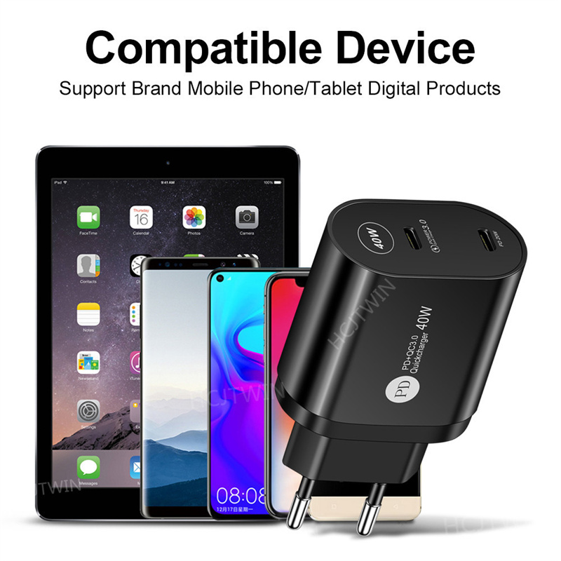 Universal Fast Quick Chargers 40W 듀얼 PD USB-C Type C 벽 충전기 EU 미국 영국 AC 여행 어댑터 iPad 에어 iPhone 12 13 X XR Samsung Tablet PC HTC Android 폰