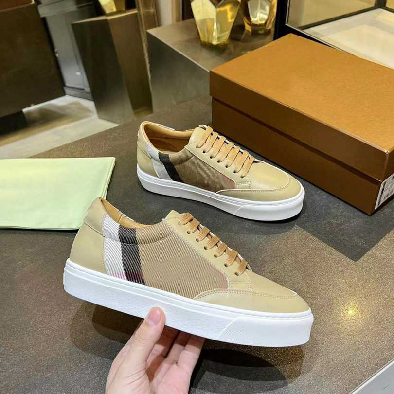 Fashion Vintage Designer Casual Shoes Men Women Classic Check Couple Shoe Leather Gabardine Flats Shoe Canvas Trainers Calfskin Rubber Bottom Size35-45