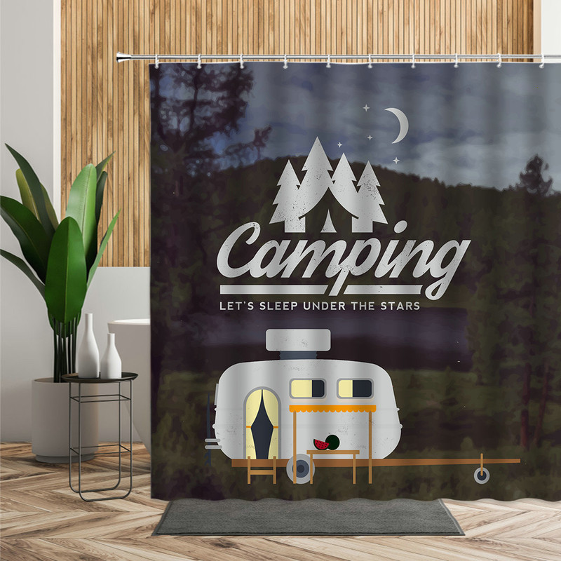 Duschgardiner Forest Camping Poster Curtain Camper Car Woods Bad Bad Decors Outdoor Landscape Bakgrund Tyg 3D Rum Set 220922