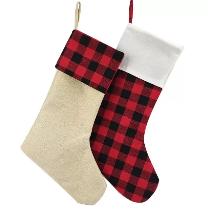 Plaid Christmas Stocking Cotton  Flannel Black Christmas Stocks Xmas Decor Sublimation blanks Santa Stockings