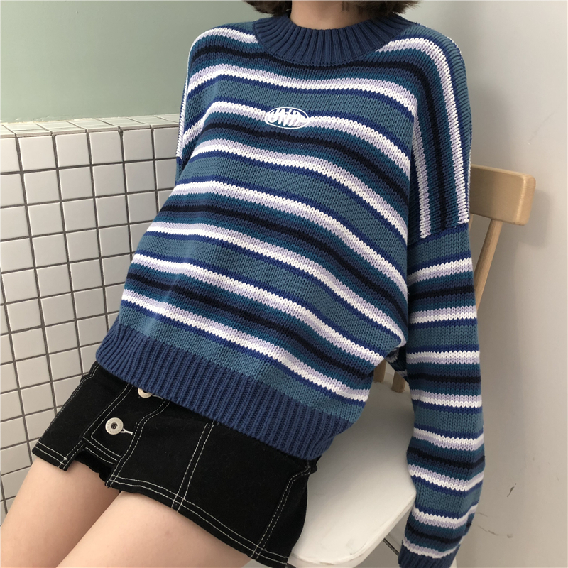 Pulls pour femmes Clarissa Pull Bleu Blanc Rayé Surdimensionné Jumper Brodé Col Montant Pulls Courts Harajuku 220922