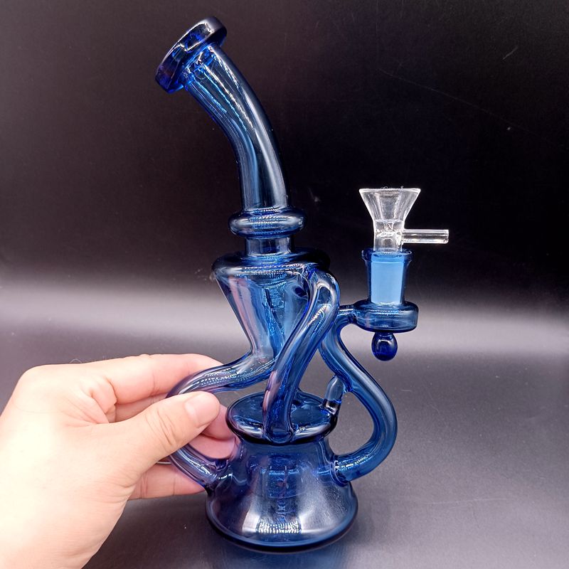 Black Blue Glass Water Recycler Bong Vattenpipor Shisha 8,5 tums oljebadriggar Berusande rökrör med skål