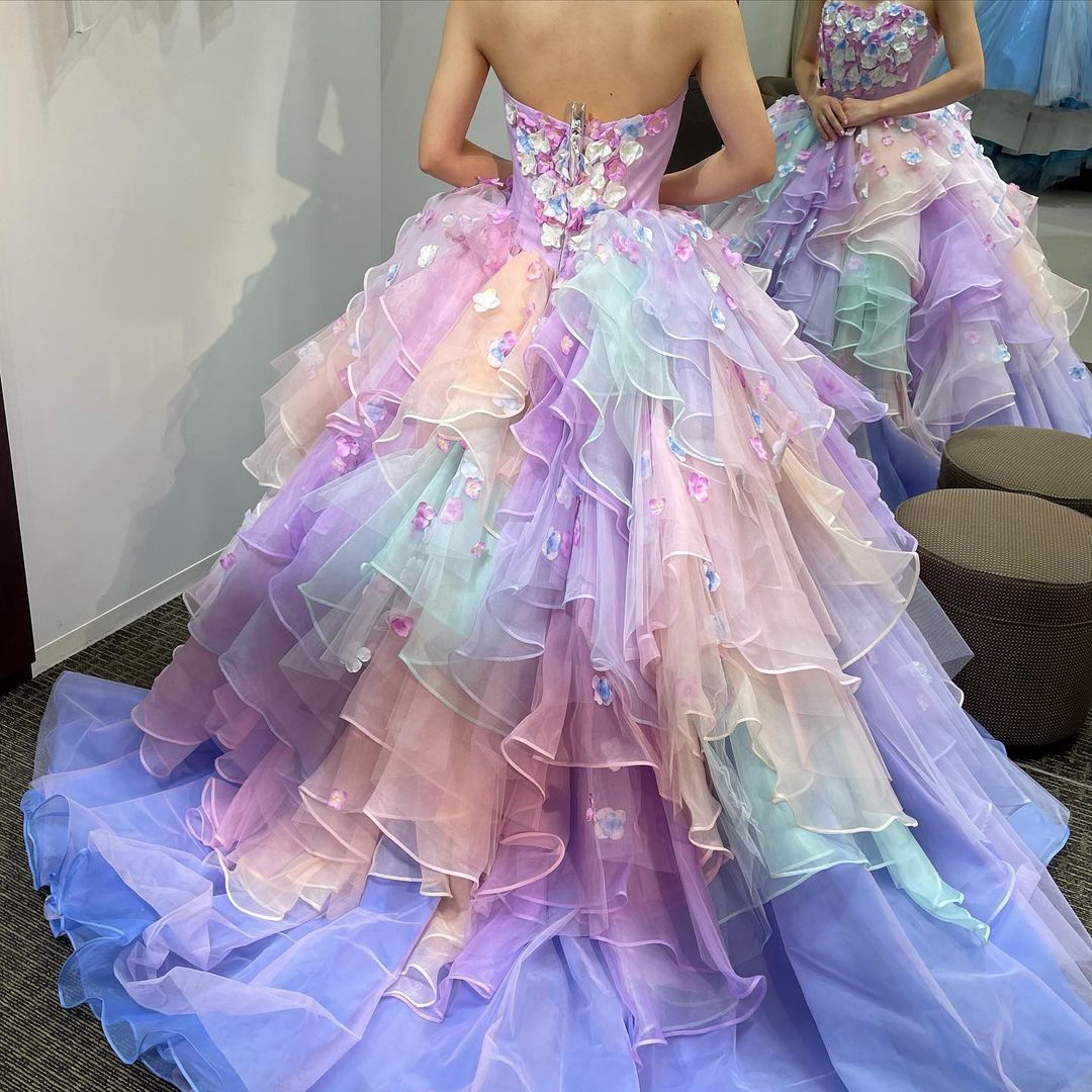 Colorful 3D Flower Prom Dresses Ruffles Tiere Ball Gown Party Gown for Junior Birthday Wear Organza Females Special Occasion Dress