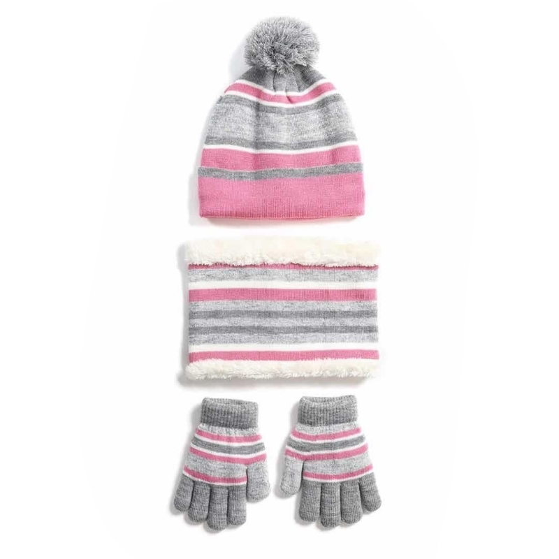 Lenços envolve chapéus luvas de lenços conjuntos crianças crianças malha de inverno 3 peças chapéu de gorro conjunto de lenço contraste cor listrada de pelúcia grossa pompom skull