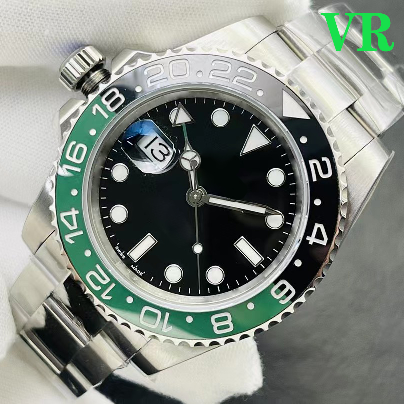 NF Clean VR GM AA Luxury Mens Watch Dual Time Zone ETA 2836 3186 3285 Automatisk mekanisk dykning Sport Lefty Green Fashion Men GMT Watch Ceramic Luminous Waterproof