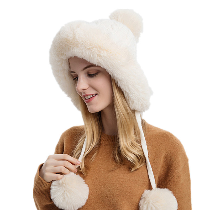 Bonnet/Casquettes d'hiver chaud tricoté chapeau de fourrure femmes chapeau avec oreillette deux boules dame en plein air épaissir peluche y casquette chapeaux russes pour les femmes 2209226651284