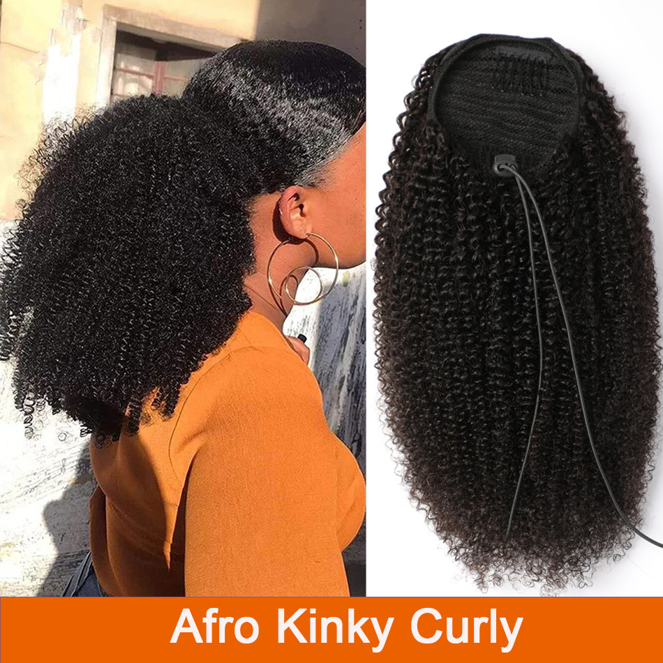 Mogolian Afro Kinky Curly Cordon Queue De Cheval Extensions De Cheveux Humains 4B 4C Remy 10-30 Pouces De Long Clip Droit En Queue De Cheval