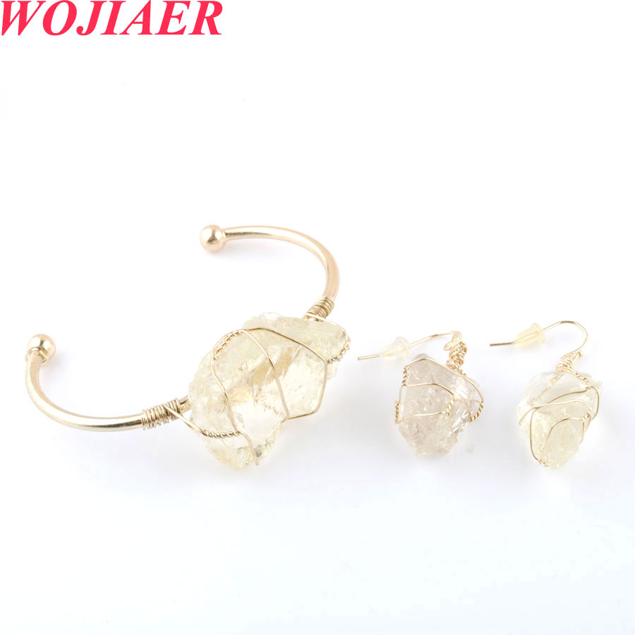 BOHO RETRO IRREGULAL DANGL EARRING SET 여성을위한 우아한 금색 와이어 랩 자연 크리스탈 개방형 팔찌 매력 보석 O9328