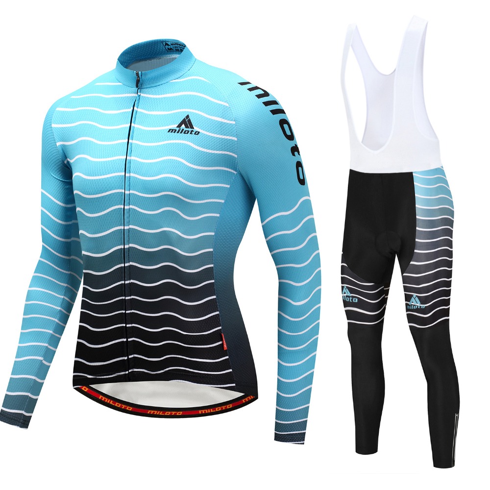 2024 Pro Mens Waves Blue Winter Cycling Jersey Set Long Sleeve Mountain Bike Cycling Clothing Breattable Mtb Bicycle Clothes Wear Suit B35