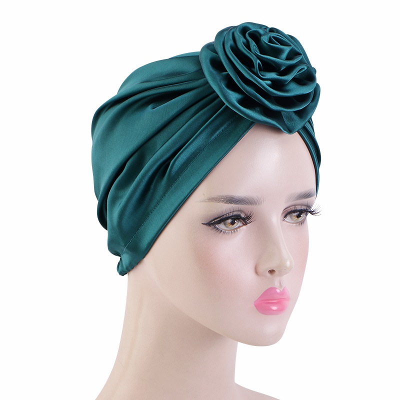 Elegant Flowers Women Satin Bonnet Soft Female Silky Bandana Headband Sleeping Hat Hair Care Cover Cap Muslim Solid Color Hijabs