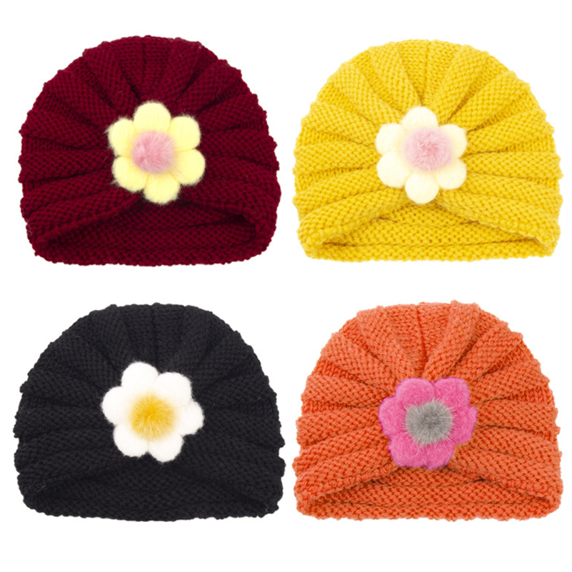 OC D005# Children's Hats Floral Decoration Color Knitted Wool Hat Thick Down to Keep Warm in Winter Wholesale