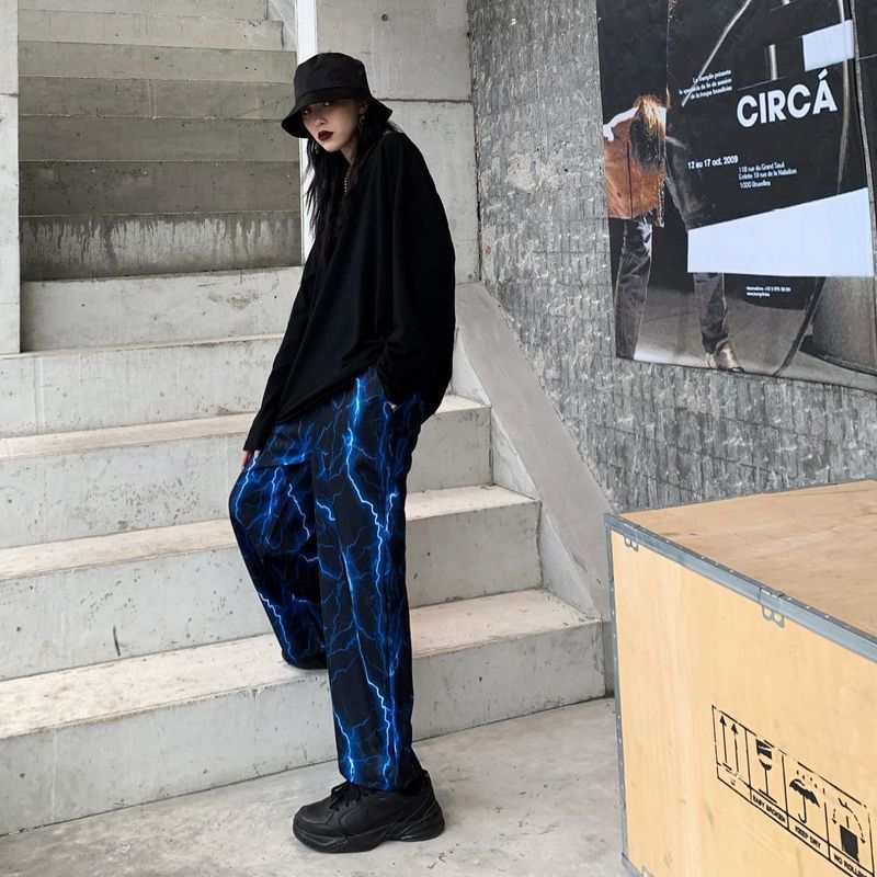 Męskie spodnie Pants Mężczyzn Kobiety Korean Korean Lightning Print Harajuku BF High Street Proste Spode Spoder