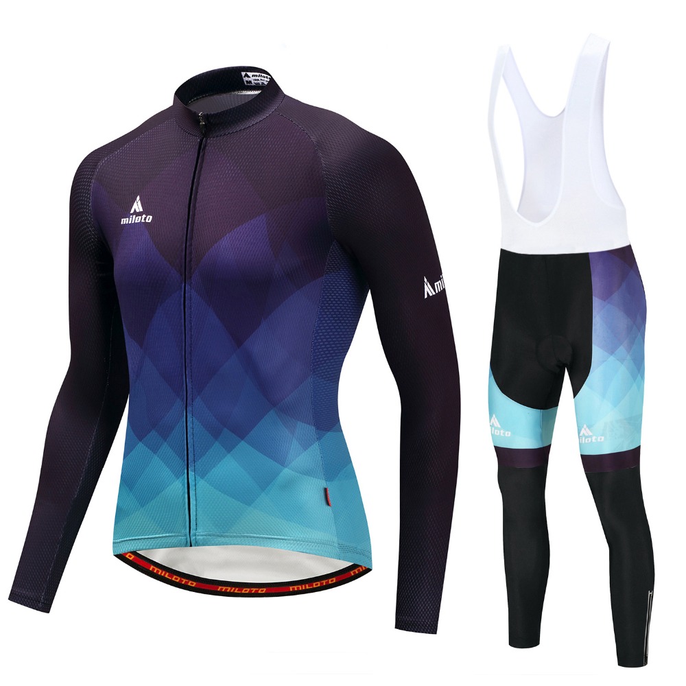 2024 Pro Mens Gradient Blue Winter Cycling Jersey Set Long Sleeve Mountain Bike Cycling Clothing Breathable MTB Bicycle Clothes Wear Suit B35