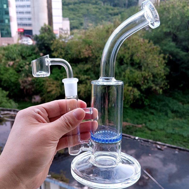 Canni di bong d'acqua in vetro trasparente da 9 pollici con filtri a nido d'ape blu femmina da 14 mm fumare.