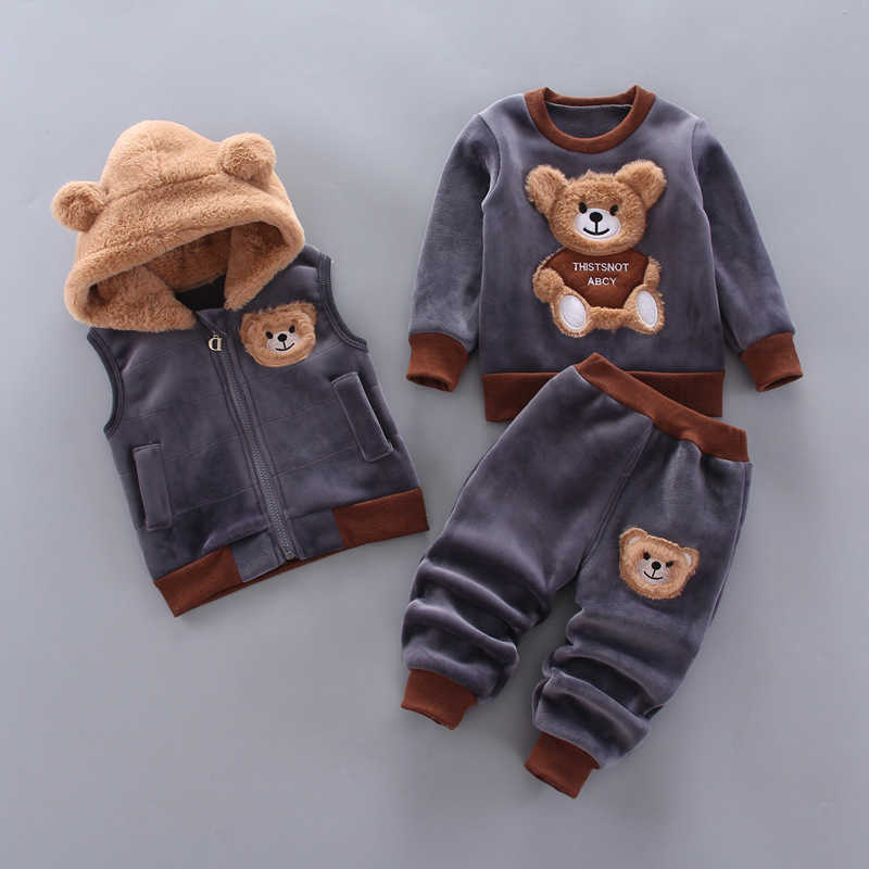 Pojkar Autumn Winter Baby Clothes Set Thick Fleece Cartoon Bear Jacket Vest Pants 3st Cotton Sport Sate For Girls Warm Outfits