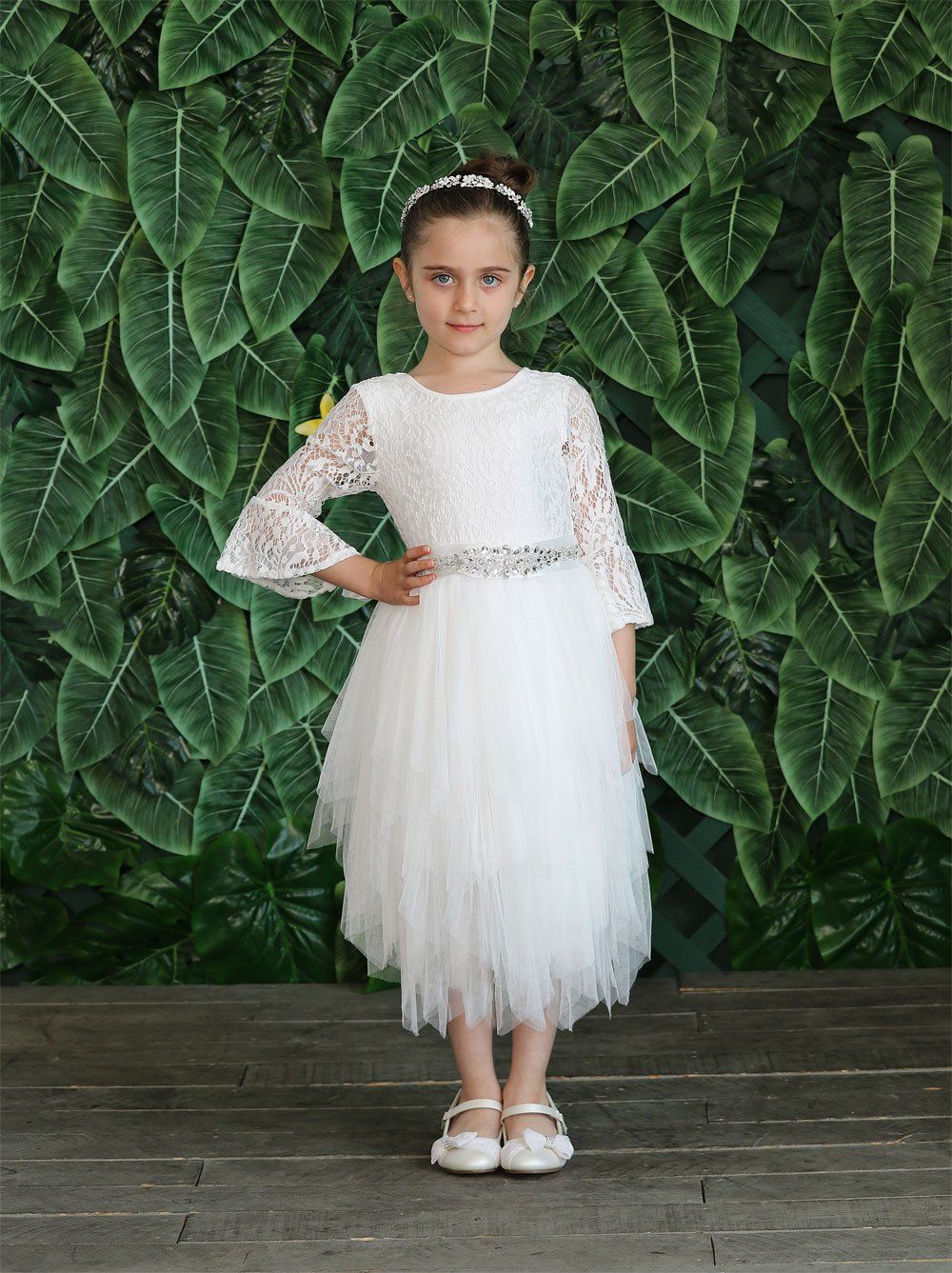 Flower Girl Tutu Dress 2023 3/4 Bell Sleeves A-Line Lace First Communion Gowns for Little Kid Beaded Bow Sash Baptism Junior Bridesmaid Wedding Guest Pink Navy-Blue Boho