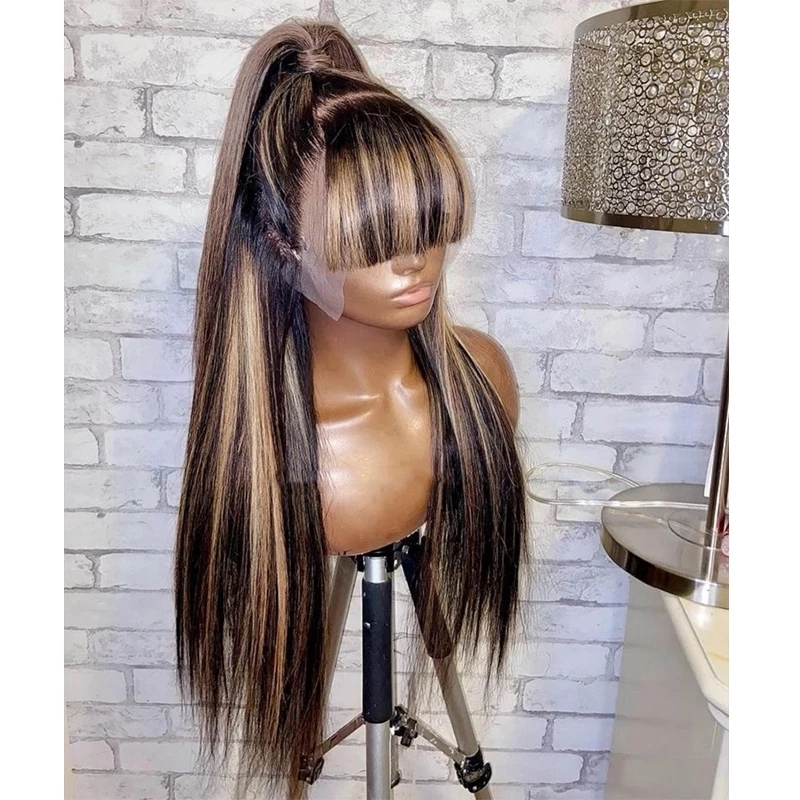 13X6 Lace Frontal Wig Fringe Blonde Highlight Silky Straight 360 Lace Front Human Hair Wigs with Bangs 5X5 Closure Wigss 180% Soft
