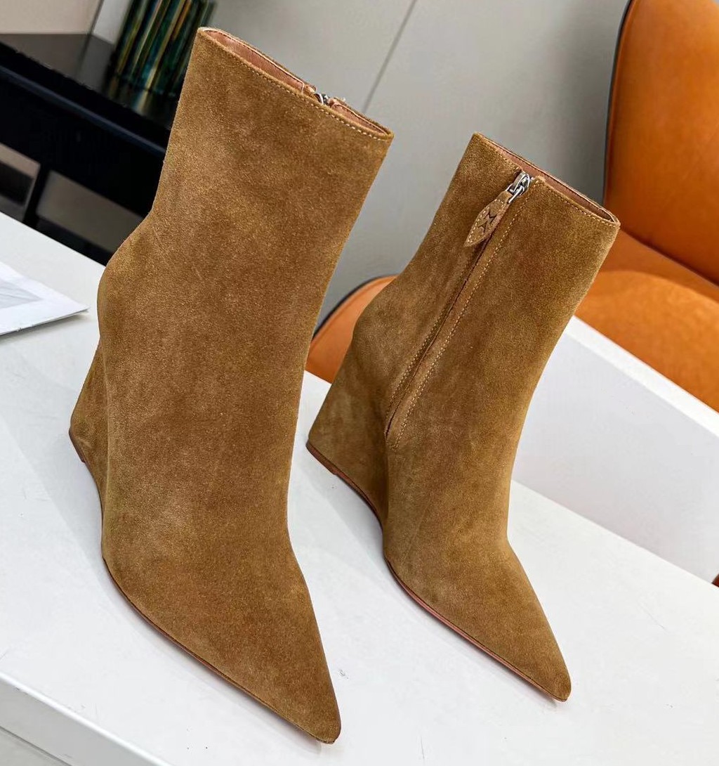 2022 Autumn Winter Women Short Boots Pointed Toe Genuine Leather Wedges Hell Modern Boot Zipper Zopper Ankle Boots