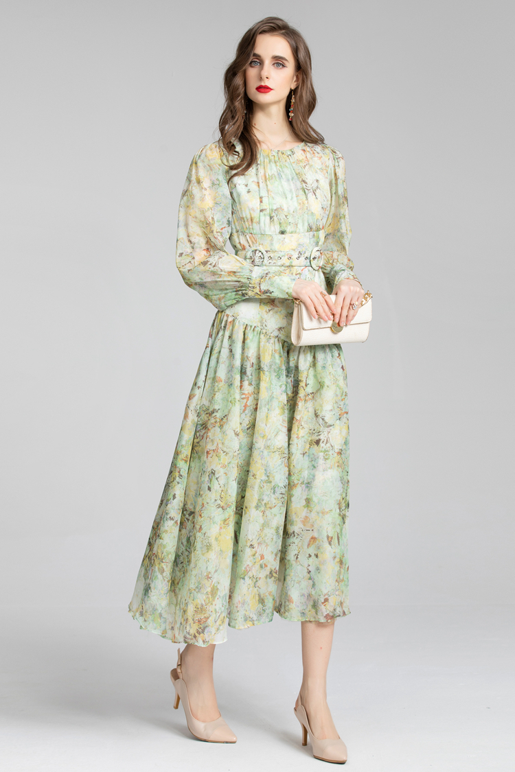 Women's Runway Dresses O Neck Long Sleeves Printed Drop Waist Elegant Fashion Designer Dress Vestidos