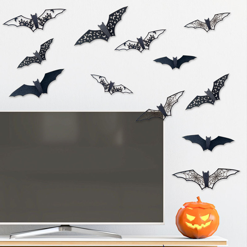 Andra festliga festförsörjningar 12st Halloween 3D Hollow Bat Wall Stickers Black Sticker Room Decor DIY DECALS HORROR S borttagbara 220922