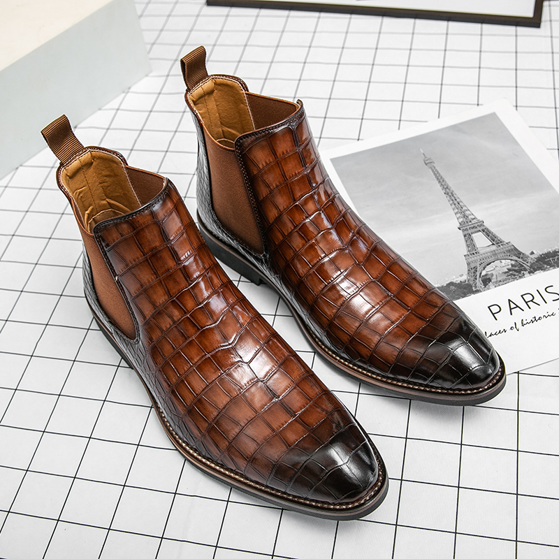 Chelsea Boots Hommes Chaussures Martin Boot Couleur Unie Classique En Cuir Affaires Mode Décontractée Tout-Allumette Crocodile Motif Un Pied Bottines