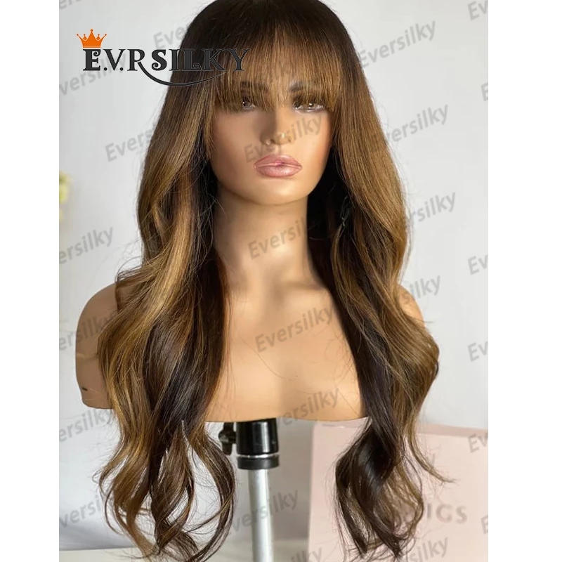 Ombre Honey Brown 360 Lace Frontal Human Hair Wigs with Bangs 200Density Glueless Fringe 5x5 Lace Closure Wigss for Black Women