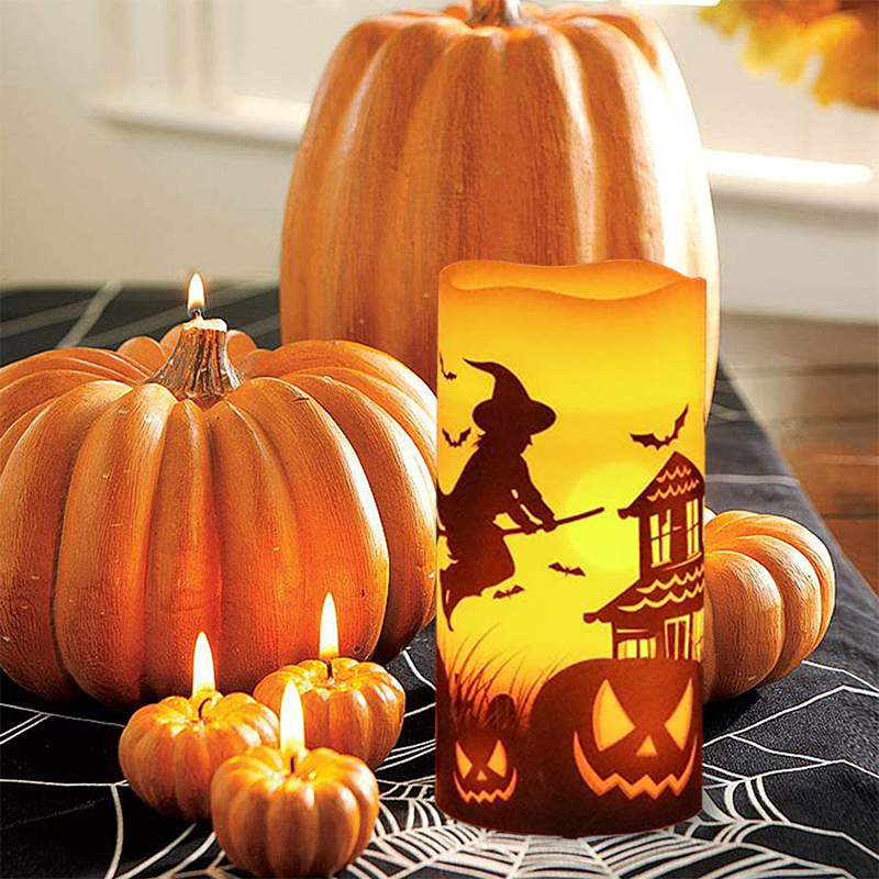 Décoration de fête Halloween Bougies scintillantes sans flamme LED Lumière chaude avec impression de château de chauves-souris de sorcière Premium Ornements d'ambiance festive Set 220922