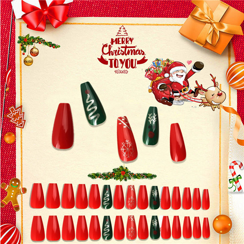 Рождественские ногти Art Diy Full Cover готовая нажатие на гвоздь длинные носимые балерины поддельные ногти с наборами