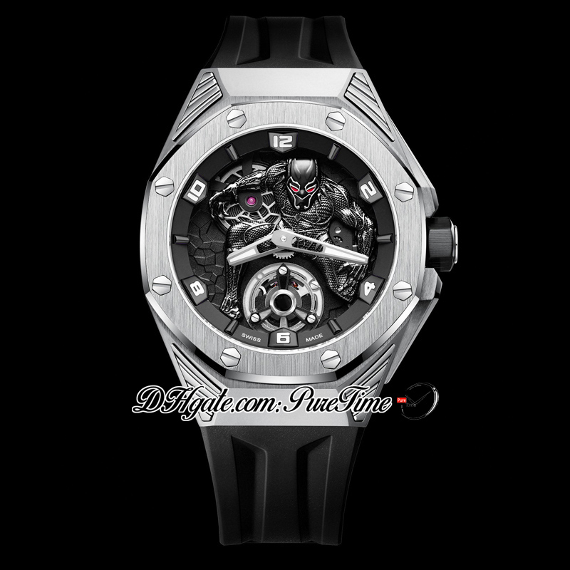 TWF 42 A2965 Montre pour homme à remontage manuel Tourbillon Boîtier en acier titane 3D Black Panther Cadran Bracelet en caoutchouc 2022 Super Edition Montres Pureitme A1