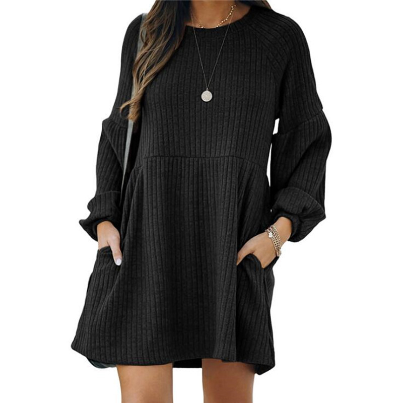 Otoño Invierno Mujer Vestidos casuales Cuello redondo Suéter de manga larga Mini vestido Suelto de punto Vestidos de suéter de gran tamaño