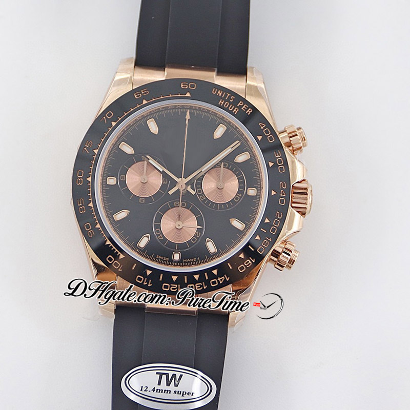 TWF V2 A7750 Automatisk kronograf Mens Watch Rose Gold Ceramic Bezel Black Stick Dial OysterFlex gummiband Samma seriekort Super Edition Watches Puretime A1