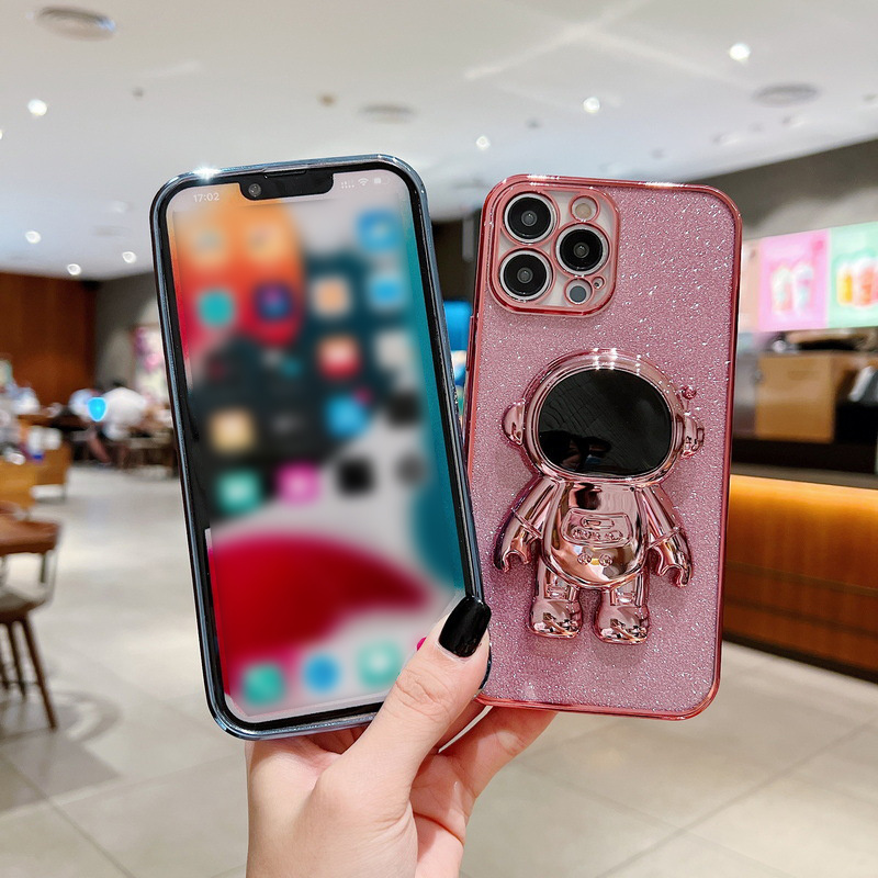 3D Casos de telefone de Stand Astronaut Glitter para iPhone 14 Pro Max 13 12 11 XR XS Eletroplatou Mulheres de Luxo Protetor Cobert￣o Anti -queda ￠ prova de choque