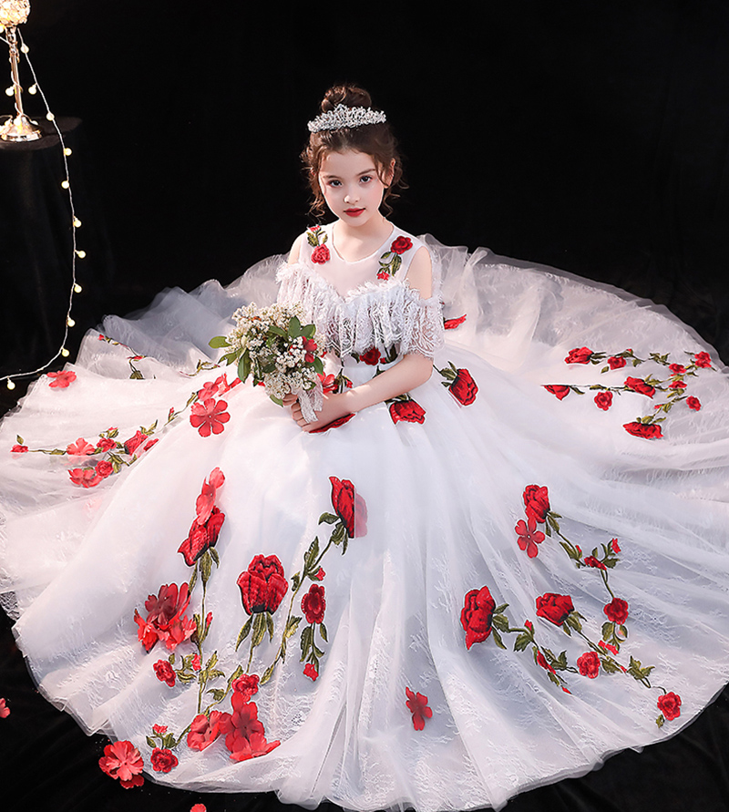 Beauty White Lace/Tulle Jewel's Girl's Pageant Dresses Dresses F￩rias F￩rias/Saia Princesa de Anivers￡rio