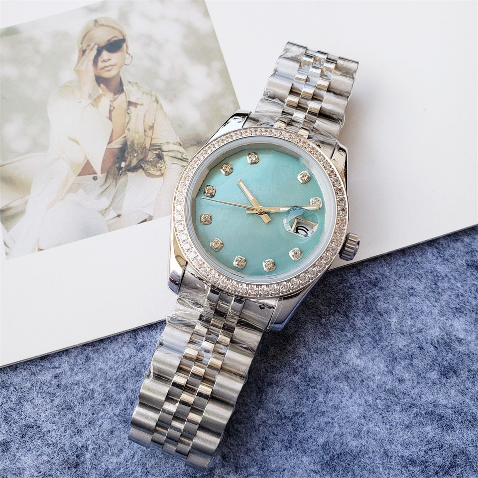 Nouveau Femmes Hommes Automatique Mécanique Calendrier Montres Couples En Acier Inoxydable Ciel Bleu Cadran Montre-Bracelet Femme Géométrique Carré Glace Diamant Montre Étanche 36mm