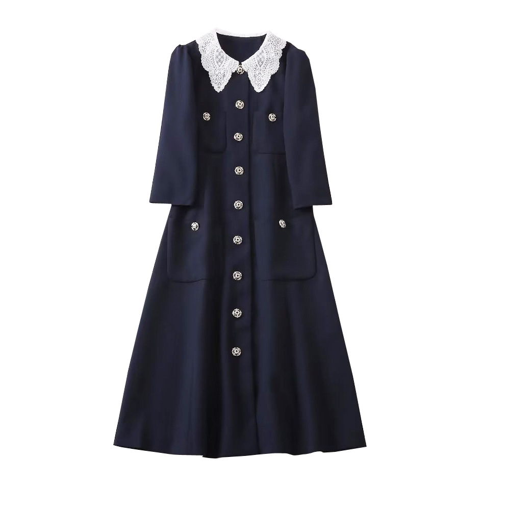 2022 가을 Peter Pan Neck Paneled Pockets Dress Blue Contrast Color 3/4 슬리브 버튼 단일 가슴 캐주얼 드레스 22S230010