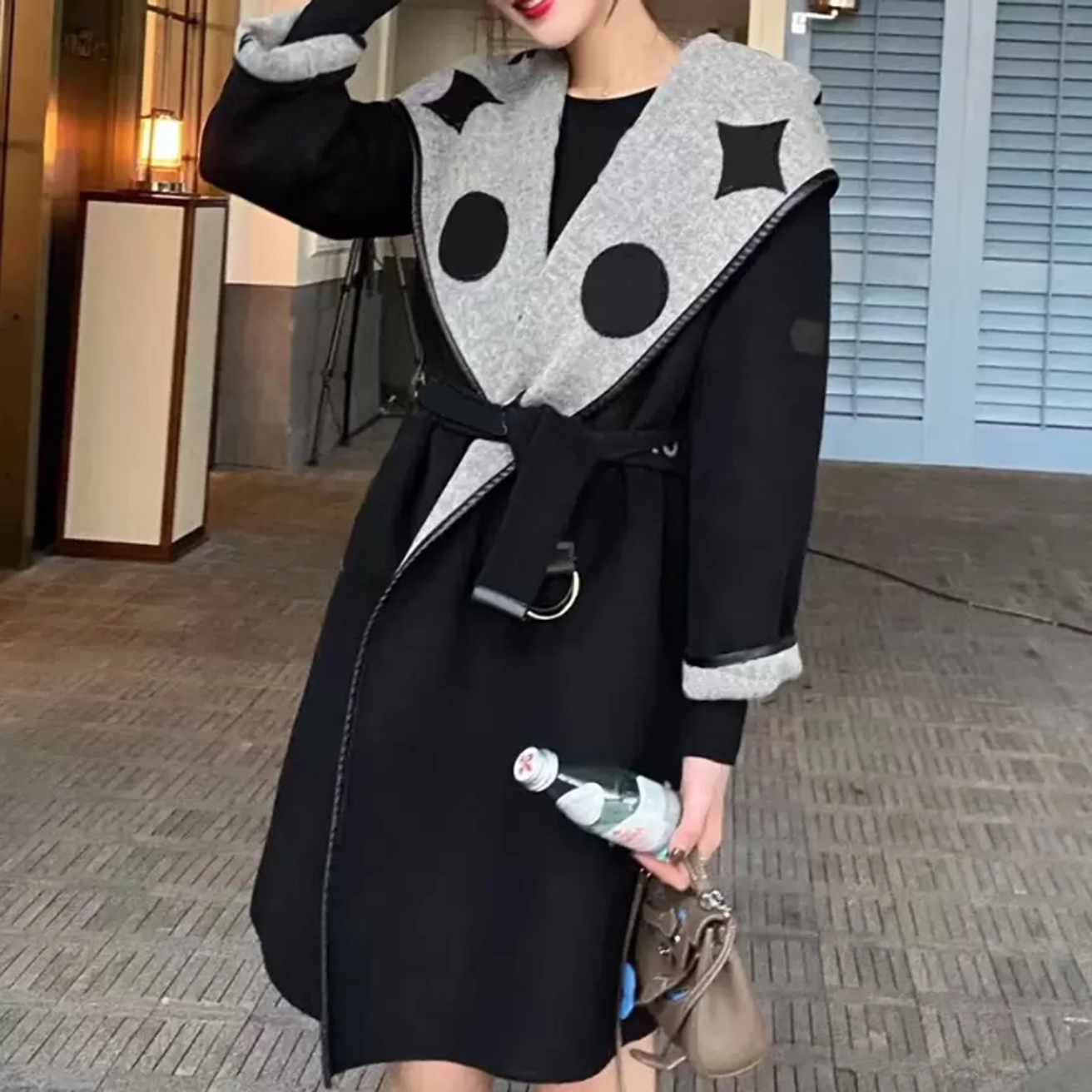 E39 Womens Wool & Blends Autumn Winter Outerwaer Trendy Fashion Classic Letter Pattern Women Coats Bathrobe Style Asian Size