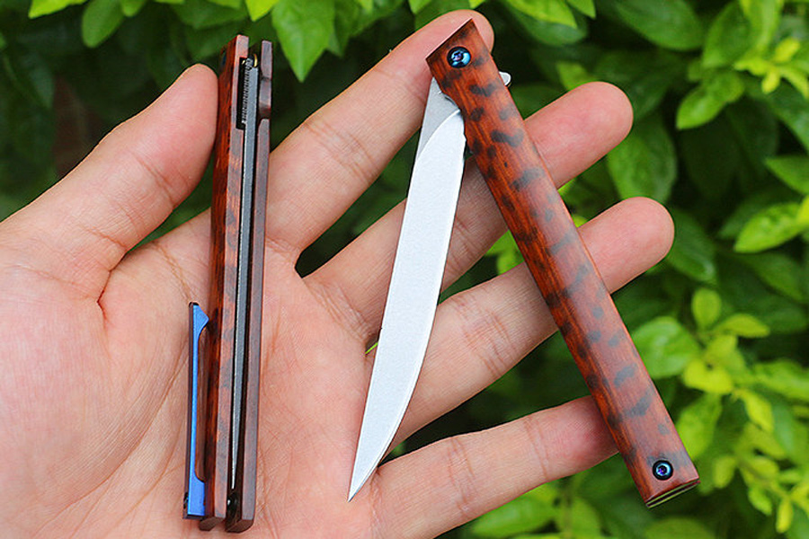 Promotion M6673 Pocket Flipper Folding Knife D2 Stone Wash Blade Snakewood Handle Ball Bearing Fast Open EDC Knives with Leather Sheath