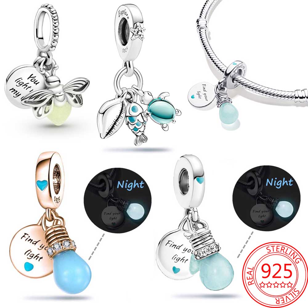 New Popular 925 Sterling Silver Charm Luminous Light Bulb Double Charm for Original Classic DIY Bracelet Ladies Jewelry Fashion Accessories Gift