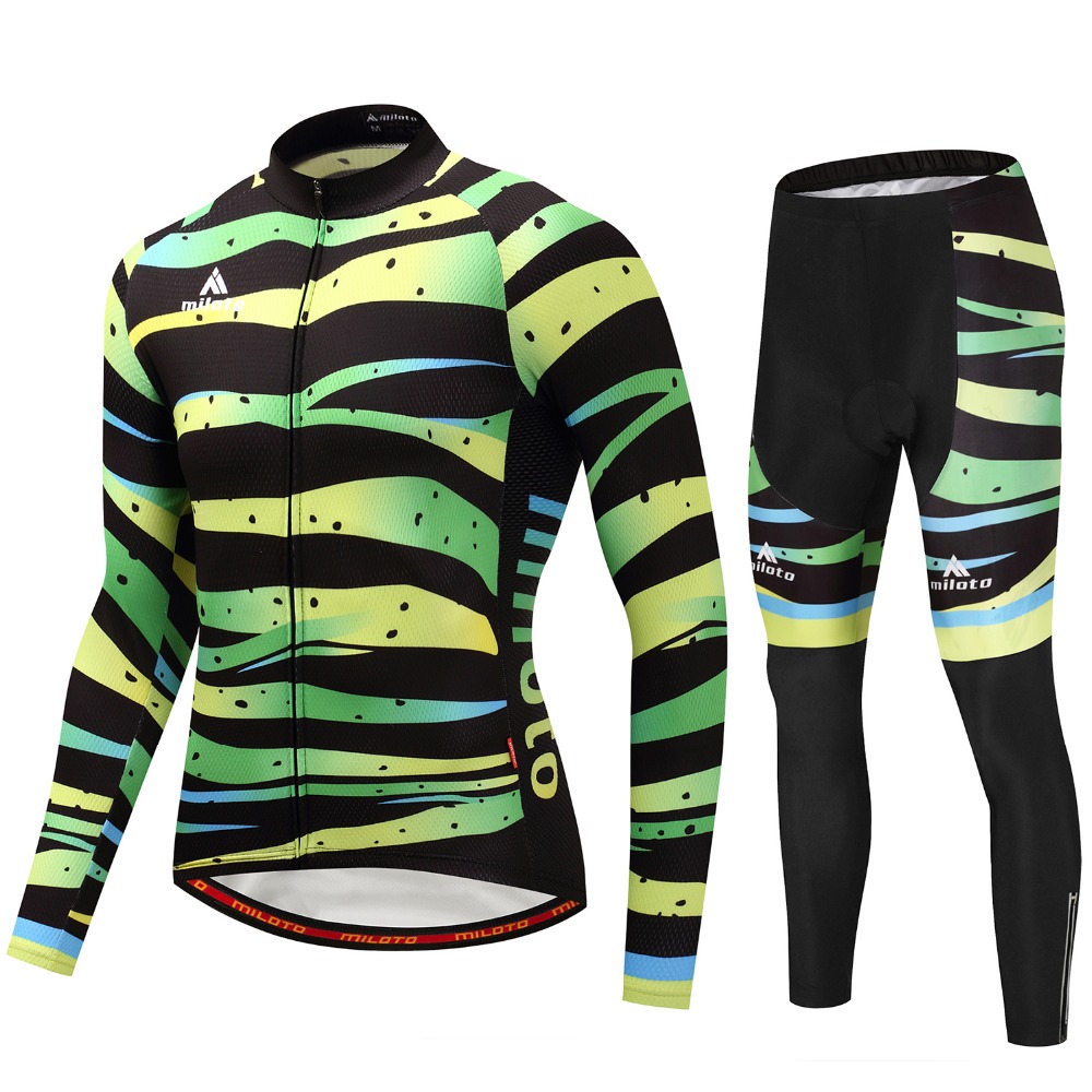 2024 Pro Mens Stripe Green Winter Cycling Jersey Set Long Sleeve Mountain Bike Cycling Clothing Breathable MTB Bicycle Clothes Wear Suit B37