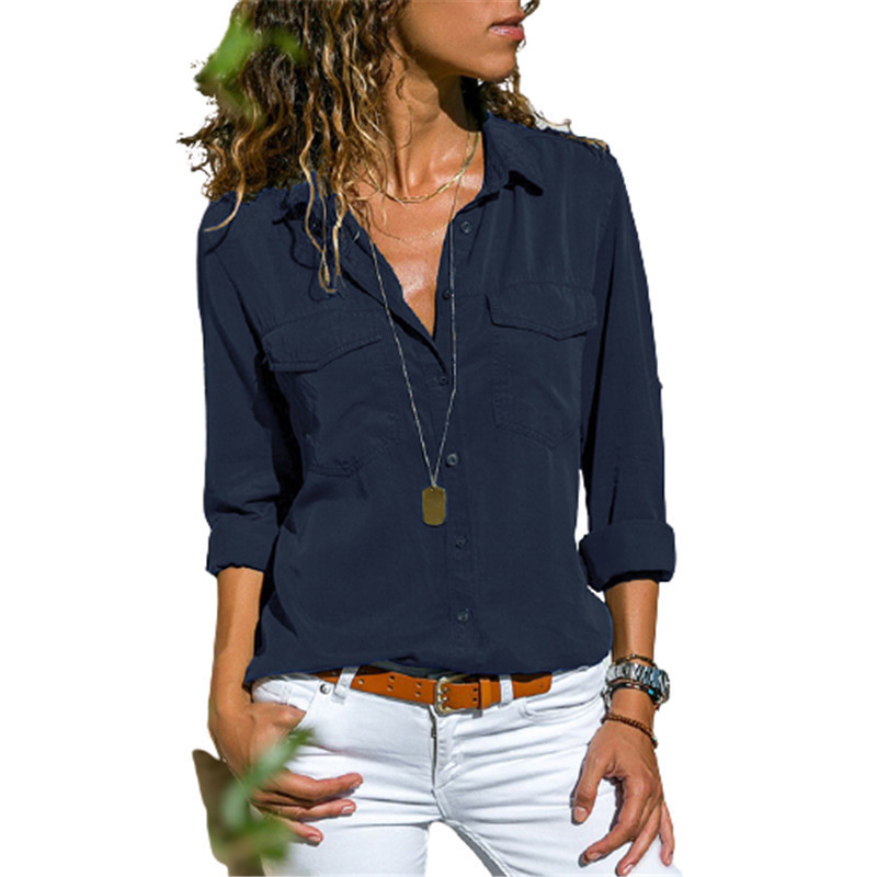 Женские блузкие рубашки осенняя женщина карманная офисная блузка плюс размер лацка с длинными рукавами тонкие пуговицы