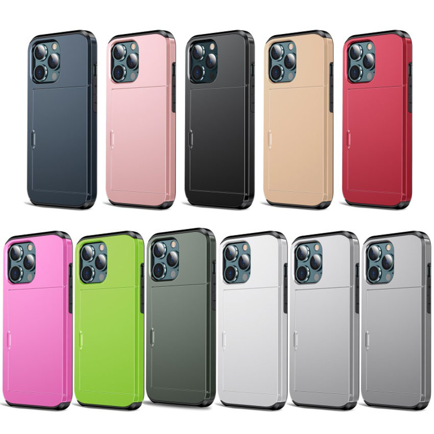 حالات الهاتف المحمول لـ iPhone 14 Pro Max 13 Mini 12 11 XS XR X 8 7 Plus SE Deluxe PC TPU Armor Case Case Card Slide Slide Dual Layer Cover