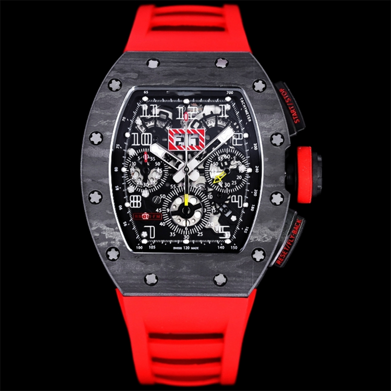 011 Montre de Luxe Designer Watchs 7750 Chronograph Mechanical Movement Carbon Fiber Relojes Case Rubber Strap Luxury Watch Mens Watches armbandsur Vattentät