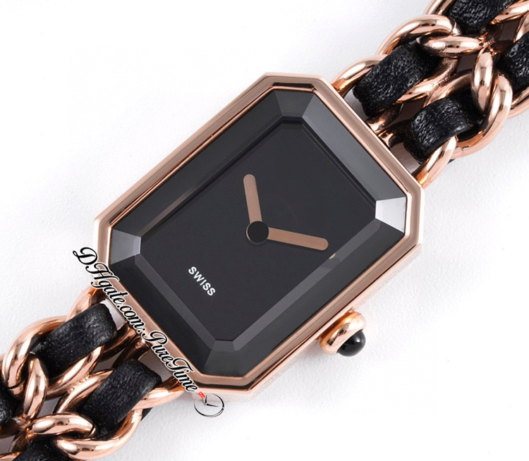 BVF 프리미어 H0451 Swiss ETA Quartz Ladeise Watch Rose Gold Black Dial Interwoven Leahter Strap Super Edition Womens Watch Puretime