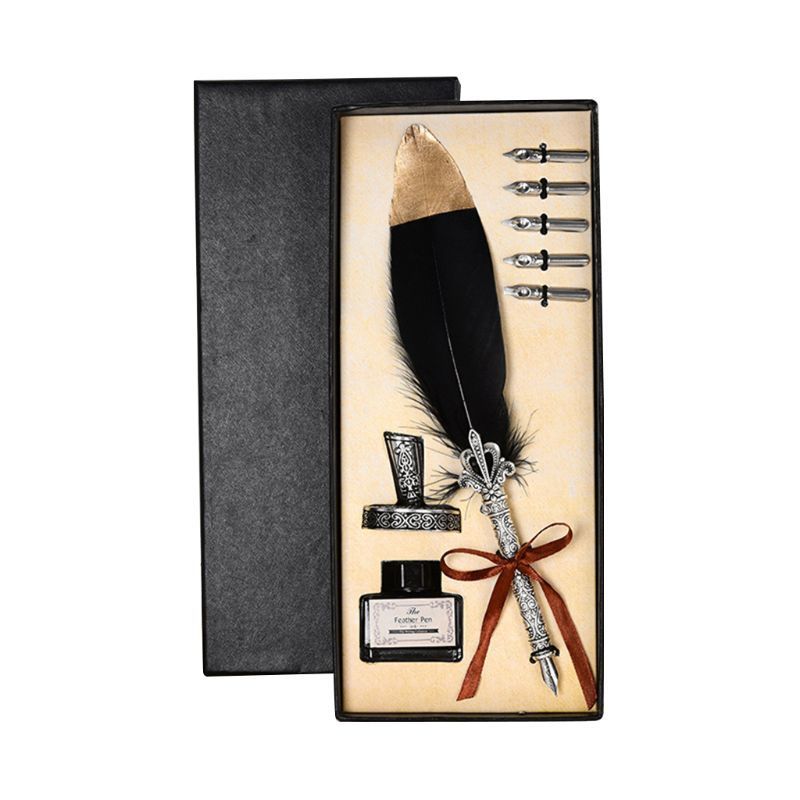 Fountain Penns Vintage Feather Quill Dip Pen Fountain Pennor With Ink 5 NIBS Set Stationery Gift 220923