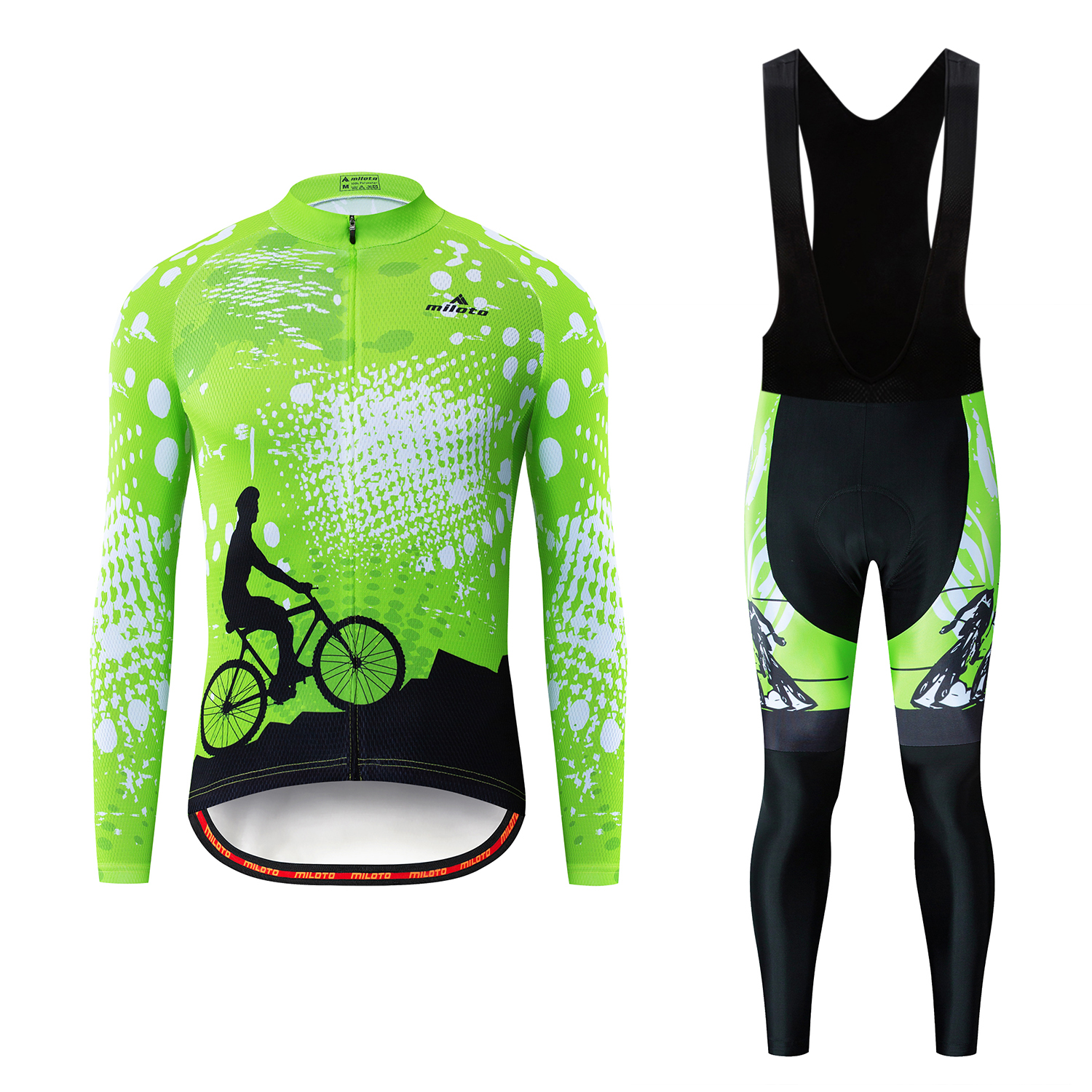 2024 Pro Mens Fluo Green Winter Cycling Jersey Set Long Sleeve Mountain Bike Cycling Clothing Breathable MTB Bicycle Clothes Wear Suit B38