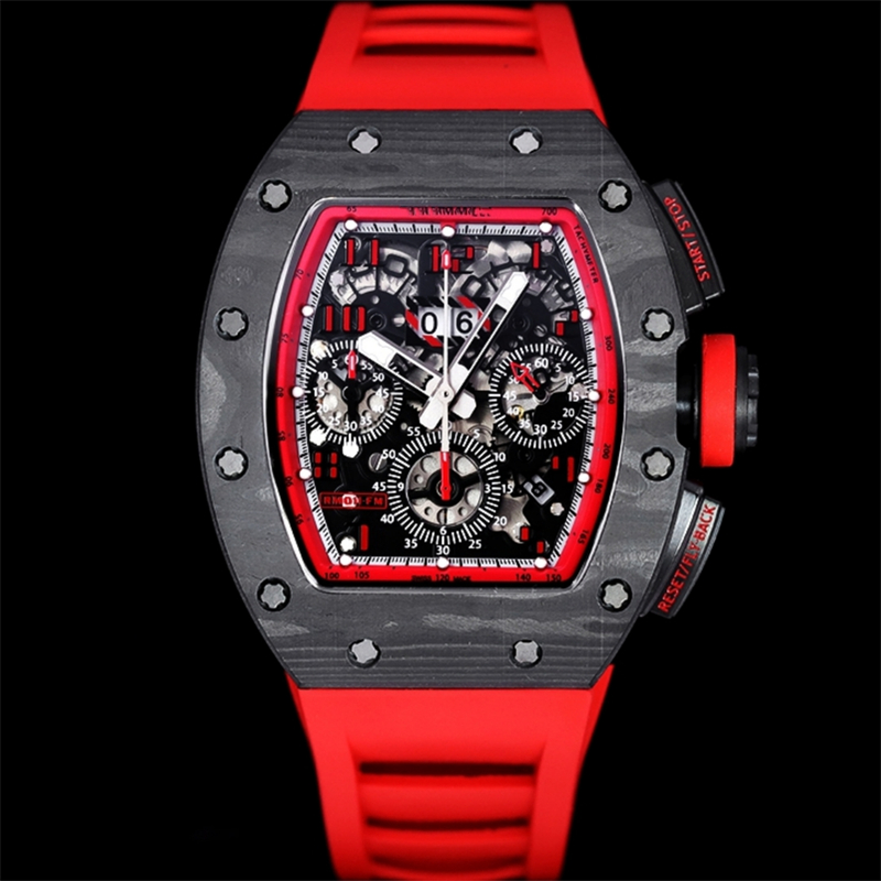 011 Montre de Luxe Designer Watchs 7750 Chronograph Mechanical Movement Carbon Fiber Relojes Case Rubber Strap Luxury Watch Mens Watches armbandsur Vattentät